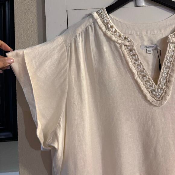 NWT Chico’s Linen Embellished Cap Sleeve Short Dress Tiered XXL / 20-22 Cream - Picture 4 of 11